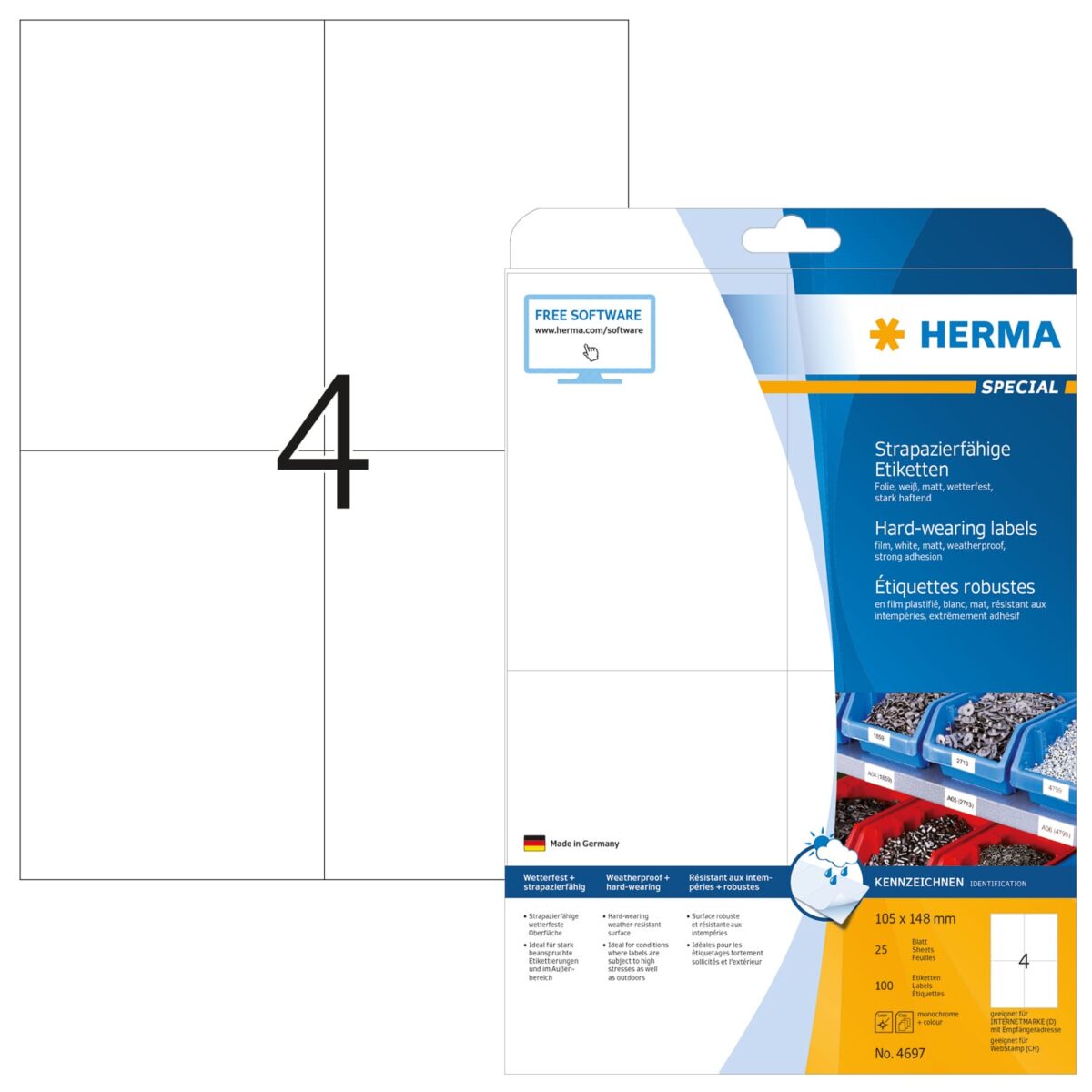 HERMA Spezialetiketten 105x148mm 4697 weiss, wetterfest 25Bl à 4 Et. – Hochwertig & günstig bei ShopDeca