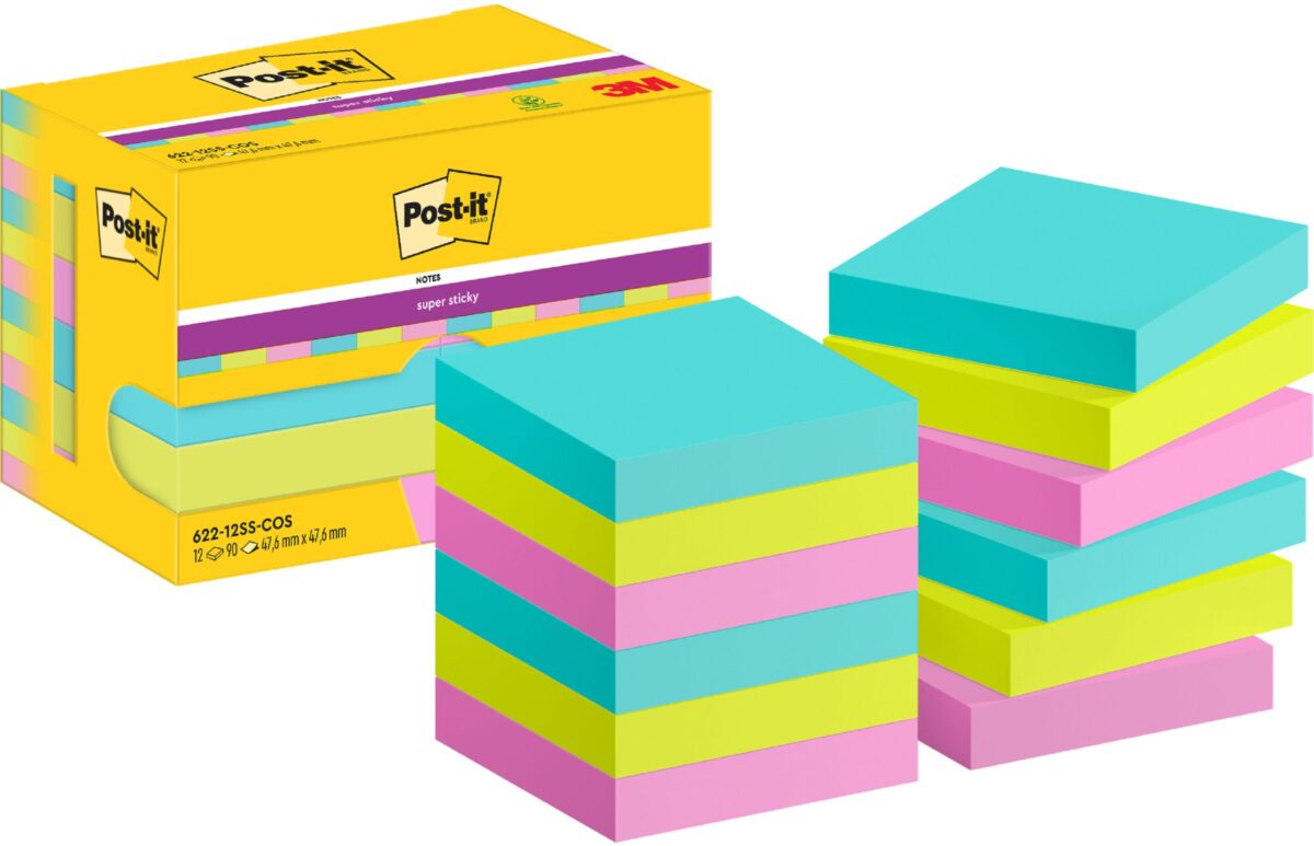 POST-IT Super Sticky Notes 47.6x47.6mm 622-12SS-COS 3-farbig 12x90 Blatt – Hochwertig & günstig bei ShopDeca