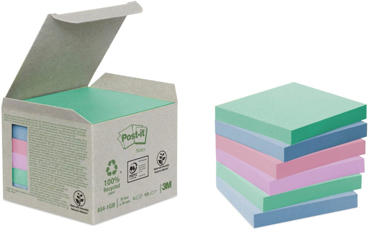 POST-IT Haftnotizen Recycling 76x76mm 654-1GB rainbow 6x100 Blatt – Hochwertig & günstig bei ShopDeca