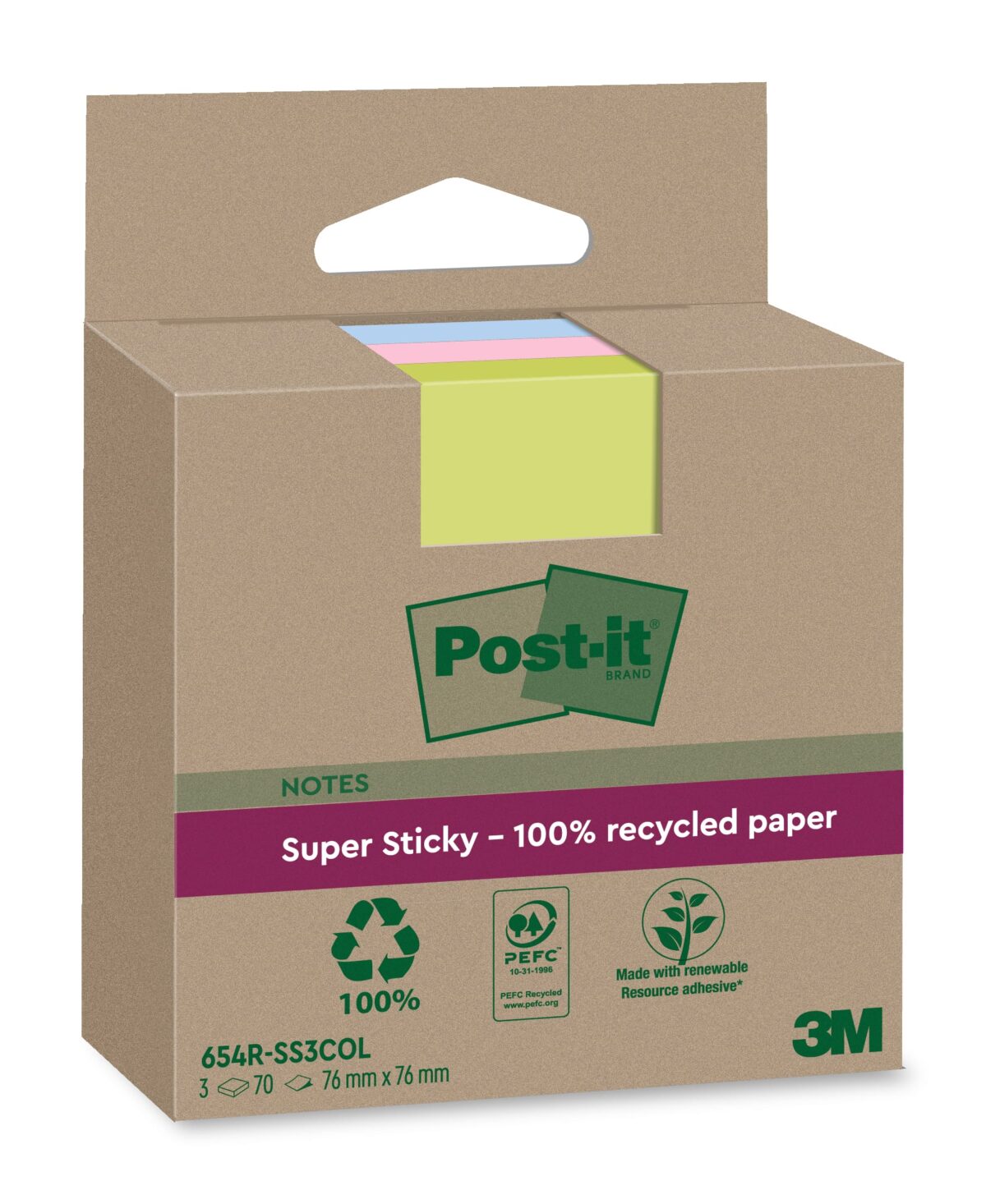 POST-IT SuperSticky Notes 76x76mm 654 RSS3COL Recycling,assort. 3x70 Blatt – Hochwertig & günstig bei ShopDeca