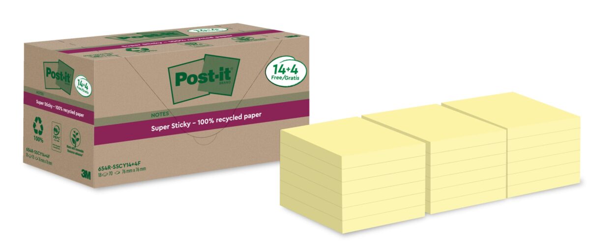 POST-IT SuperSticky Notes 76x76mm 654 RSSCY 14+4F Recycling, gelb 18x70 Blatt – Hochwertig & günstig bei ShopDeca