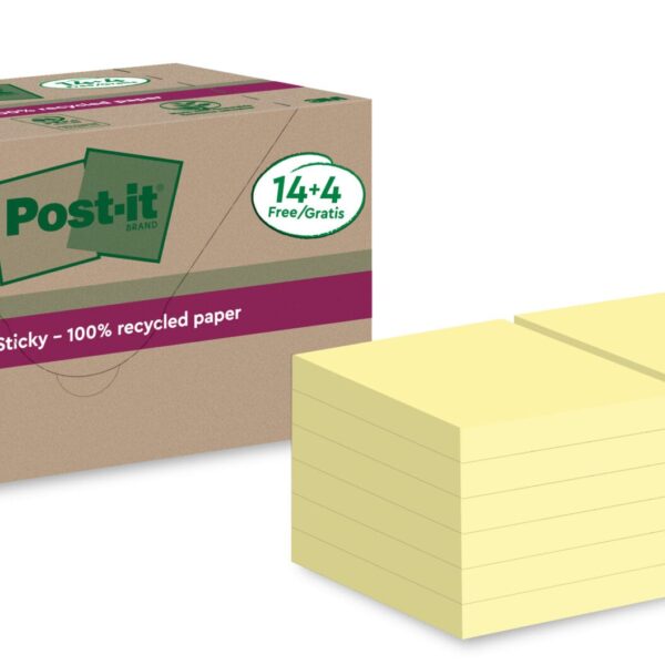 POST-IT SuperSticky Notes 76x76mm 654 RSSCY 14+4F Recycling, gelb 18x70 Blatt