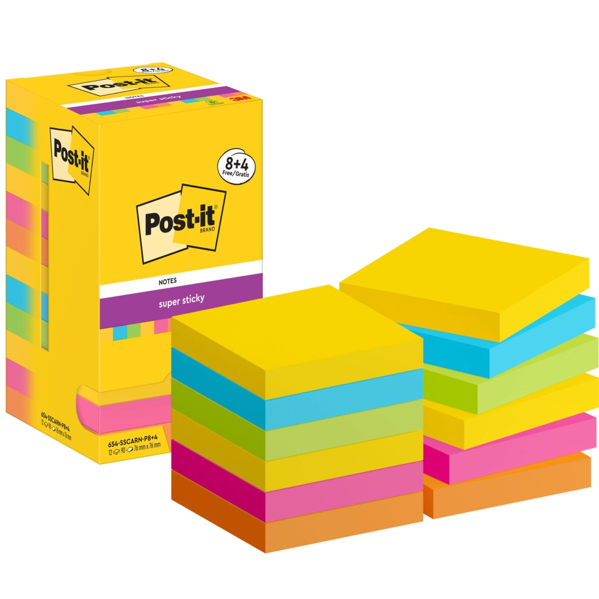 POST-IT Super Sticky Notes 76x76mm 654SSCARNP84 5-farbig 12x90 Blatt – Hochwertig & günstig bei ShopDeca