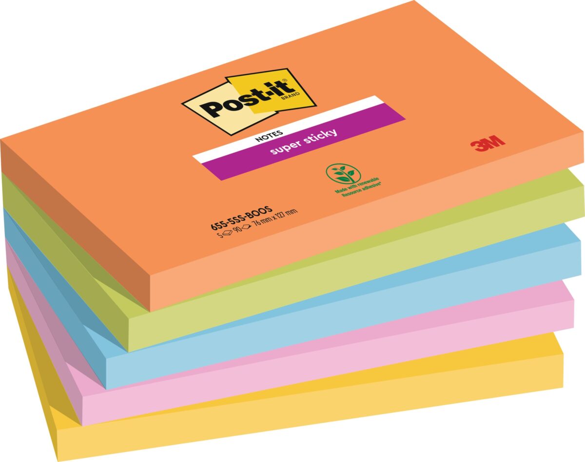 POST-IT Super Sticky Notes 127x76mm 655-5SS-BOOS 5 Farben 5x90 Blatt – Hochwertig & günstig bei ShopDeca