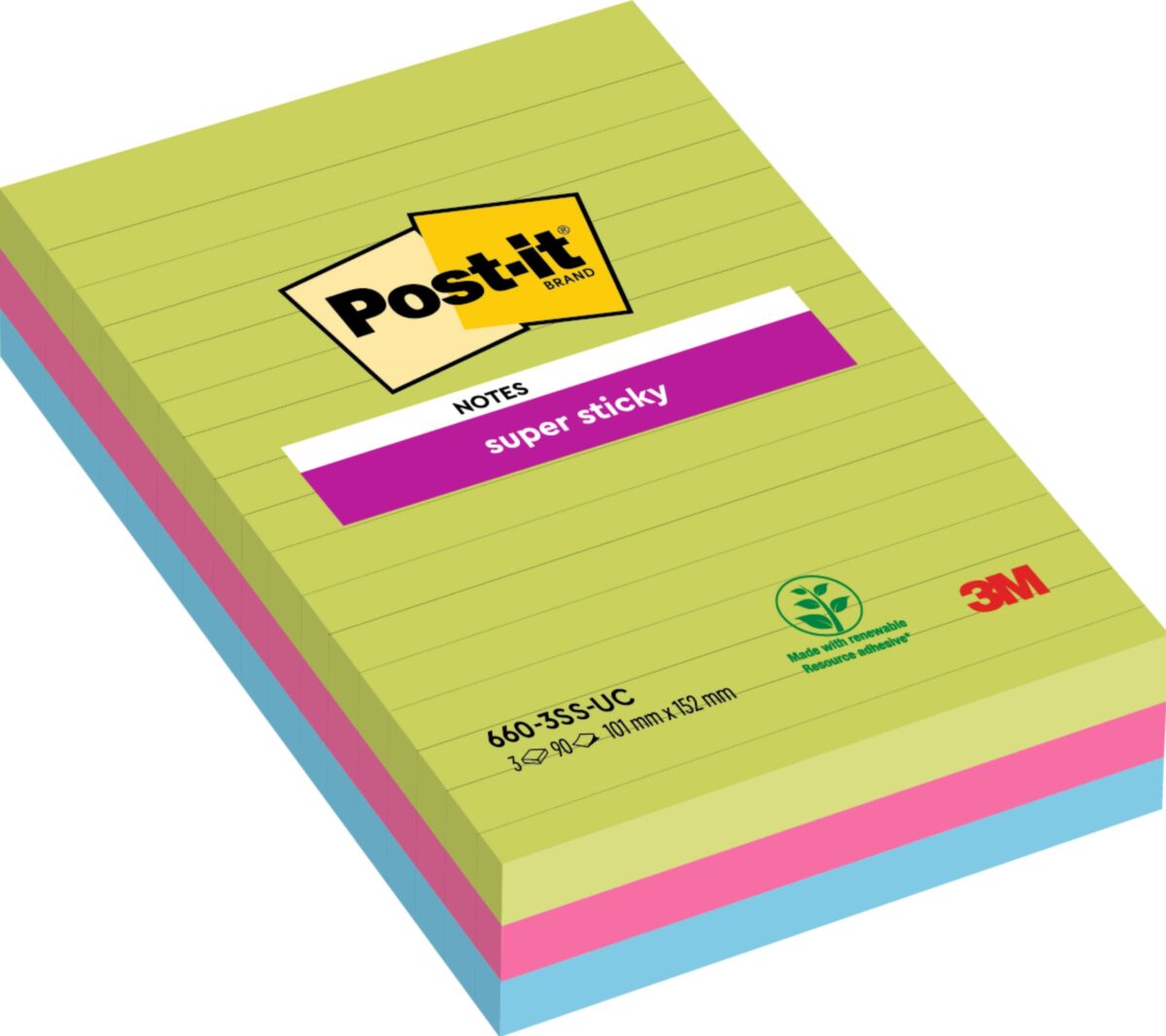 POST-IT Block Super Sticky 102x152mm 660-3SSUC 3-farbig ass.,3x90Bl.,liniert – Hochwertig & günstig bei ShopDeca