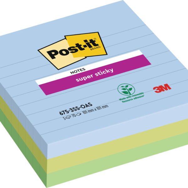 POST-IT Super Sticky Oasis 101x101mm 675-3SS-OAS 3-farbig ass. 3x70Bl. liniert