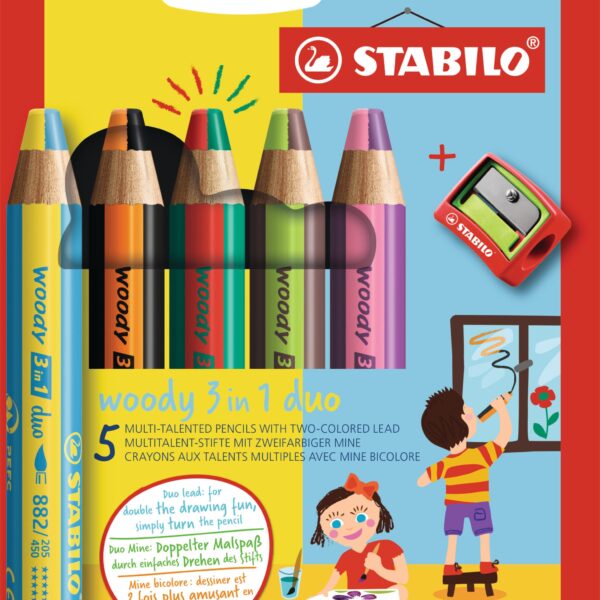 STABILO Farbstifte woody 3in1 882/05-2 Duo, Spitzer 5 Stück