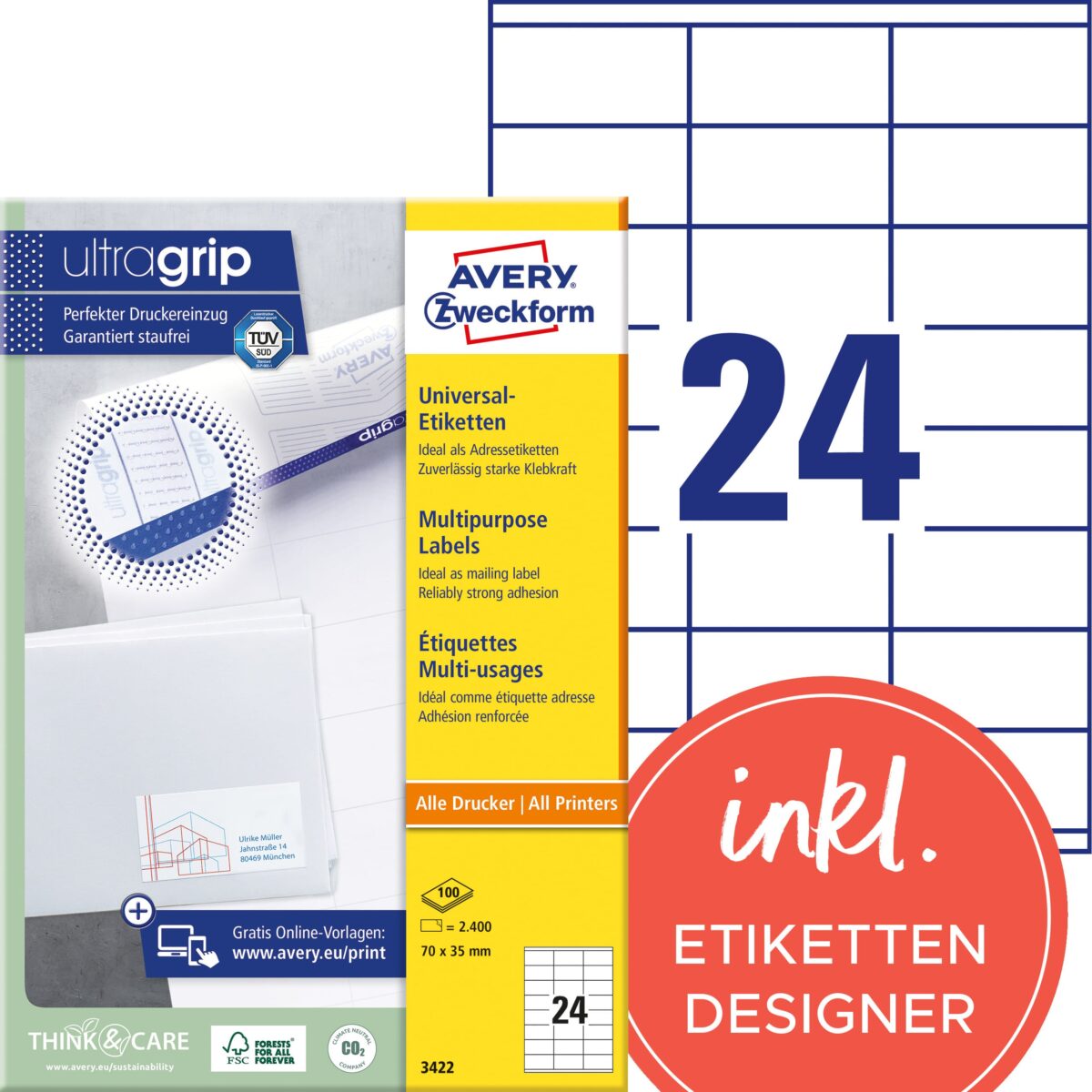 AVERY ZWECKFORM Etiketten 70x35mm 3422 weiss 2400 Stk./100 Blatt – Hochwertig & günstig bei ShopDeca