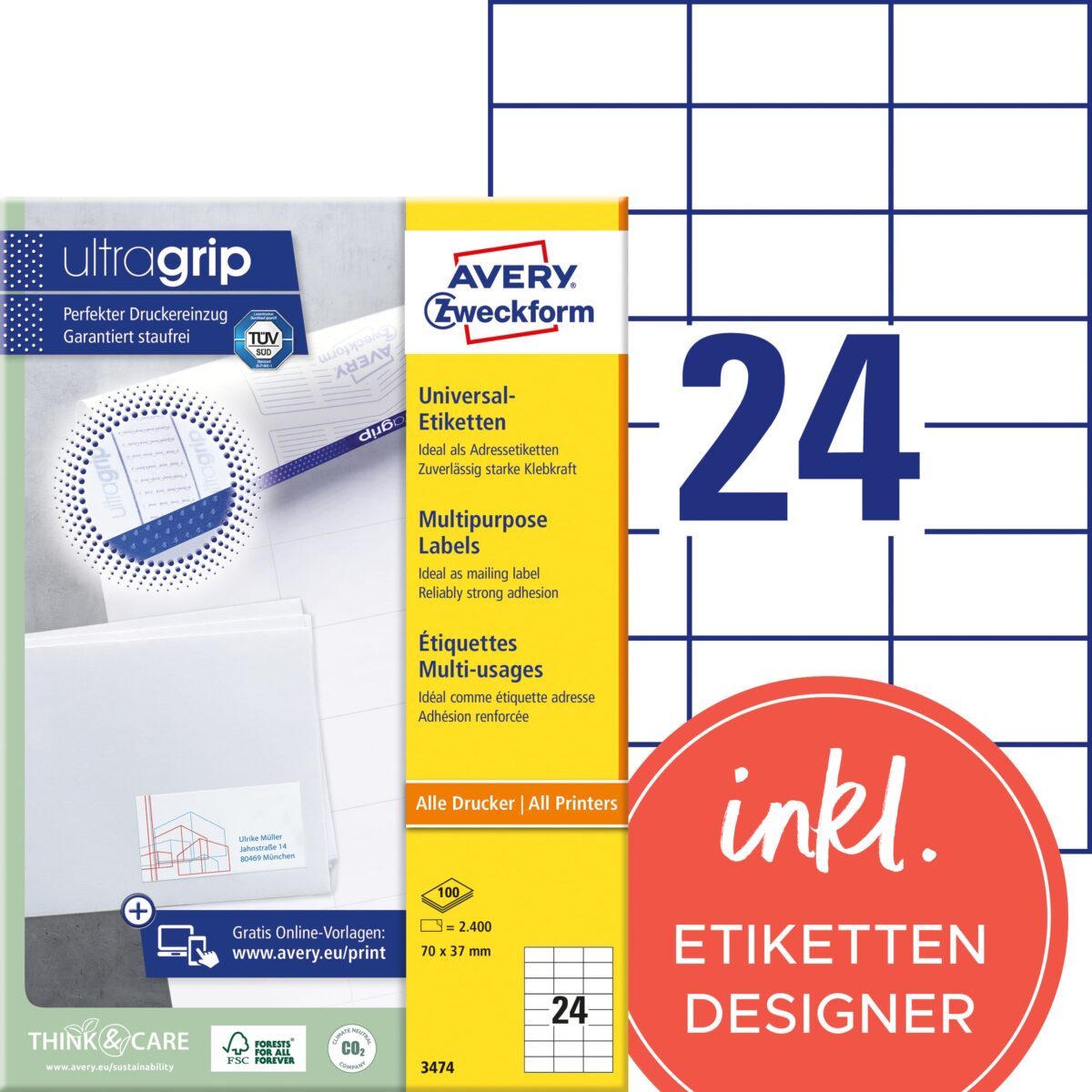 AVERY ZWECKFORM Etiketten 70x37mm 3474 weiss 2400 Stk./100 Blatt – Hochwertig & günstig bei ShopDeca
