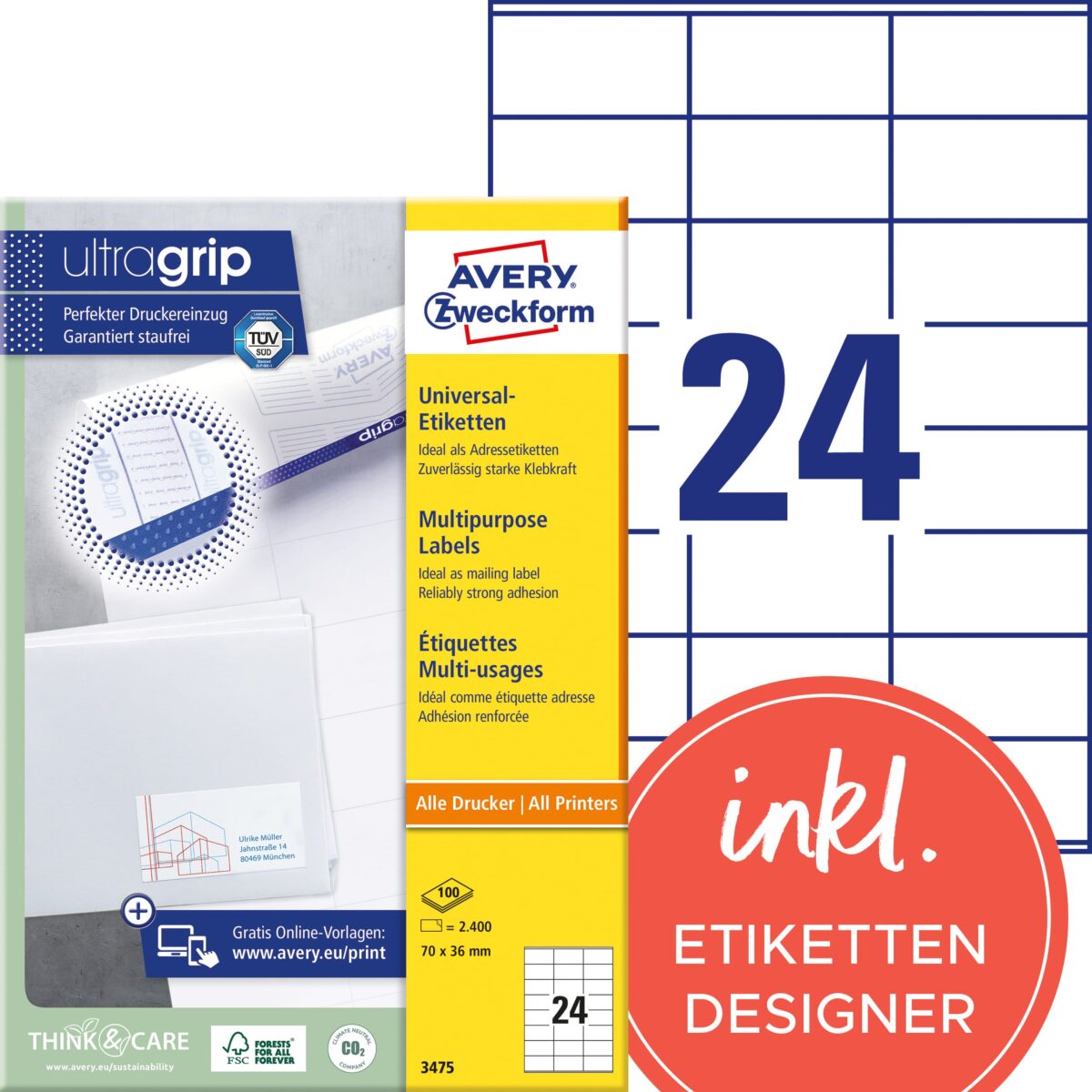 AVERY ZWECKFORM Etiketten 70x36mm 3475 weiss 2400 Stk./100 Blatt – Hochwertig & günstig bei ShopDeca