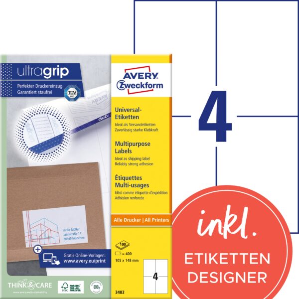 AVERY ZWECKFORM Universal-Etiketten 105x148mm 3483 weiss 400 Stk./100 Blatt