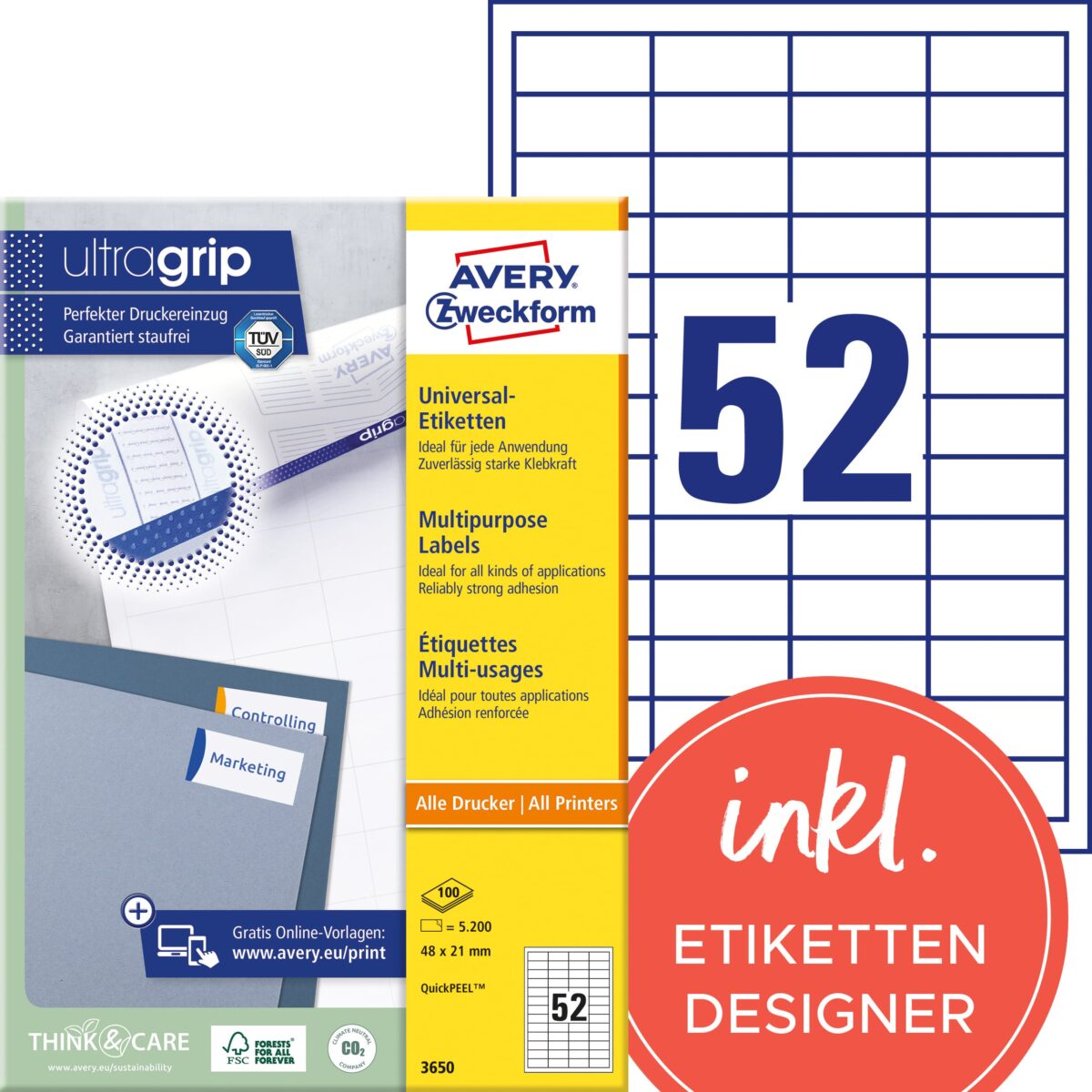 AVERY ZWECKFORM Etiketten 48x21mm 3650 weiss 5200 Stk./100 Blatt – Hochwertig & günstig bei ShopDeca