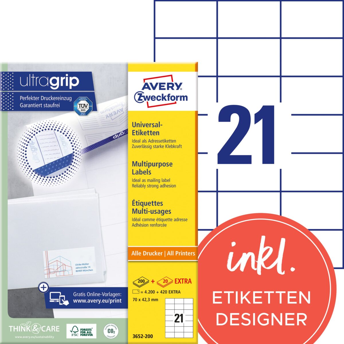 AVERY ZWECKFORM Etiketten 70x42,3mm 3652-200 weiss 4620 Stk./200+20 Blatt – Hochwertig & günstig bei ShopDeca
