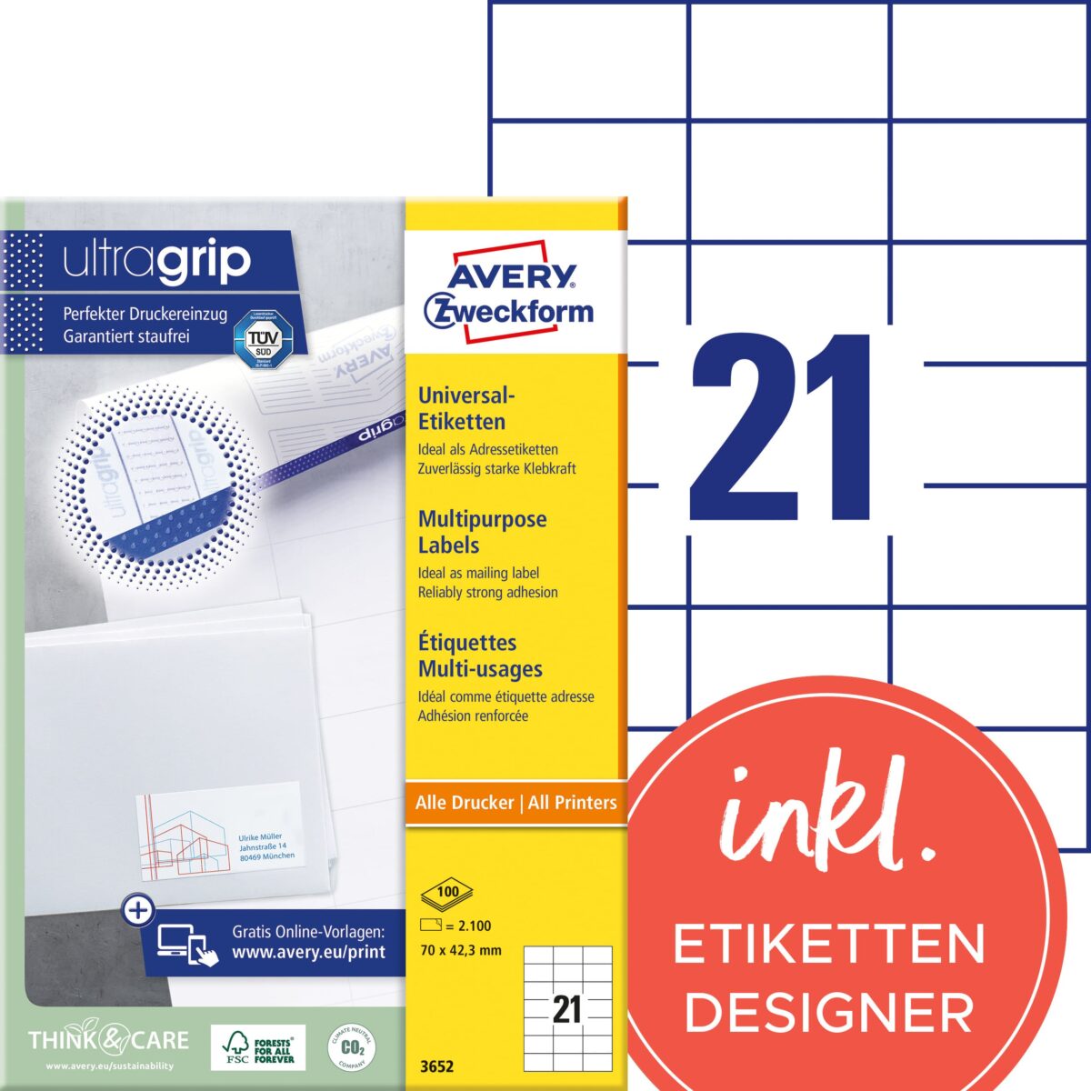 AVERY ZWECKFORM Etiketten 70x42,3mm 3652 weiss 2100 Stk./100 Blatt – Hochwertig & günstig bei ShopDeca