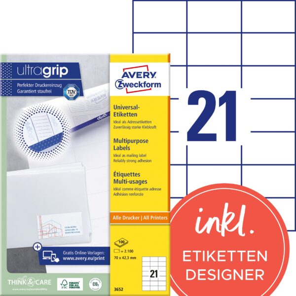 AVERY ZWECKFORM Etiketten 70x42,3mm 3652 weiss 2100 Stk./100 Blatt
