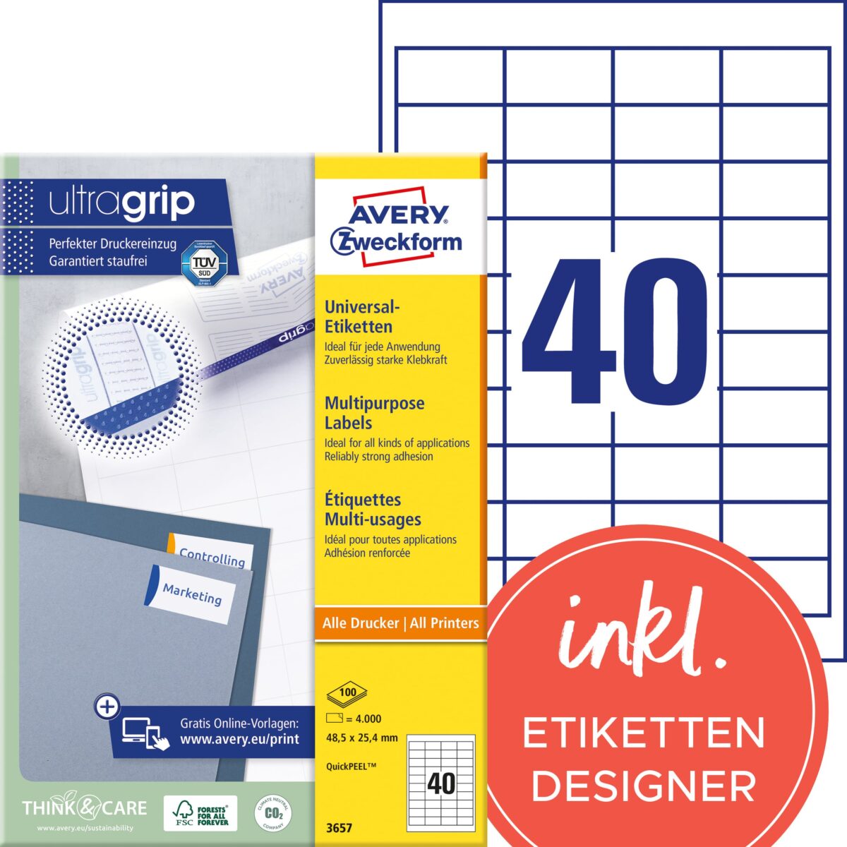 AVERY ZWECKFORM Universal-Etikett. 48,5x25,4mm 3657 weiss 4000 Stk./100 Blatt – Hochwertig & günstig bei ShopDeca