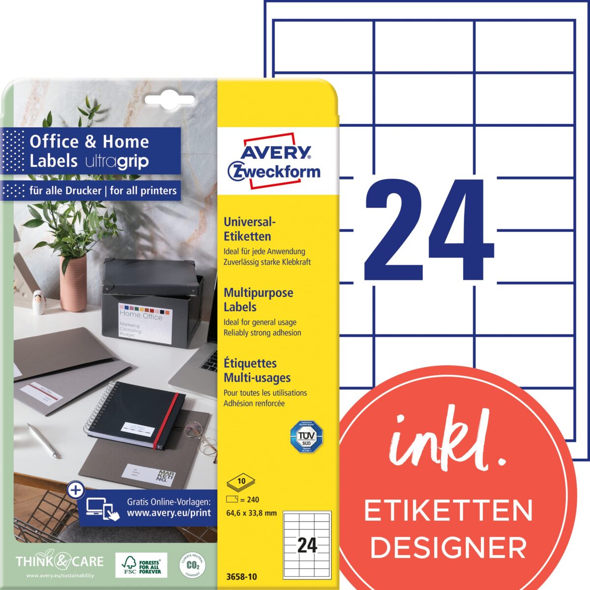 AVERY ZWECKFORM Universal-Etikett. 64,6x33,8mm 3658-10 weiss 240 Stk./10 Blatt – Hochwertig & günstig bei ShopDeca