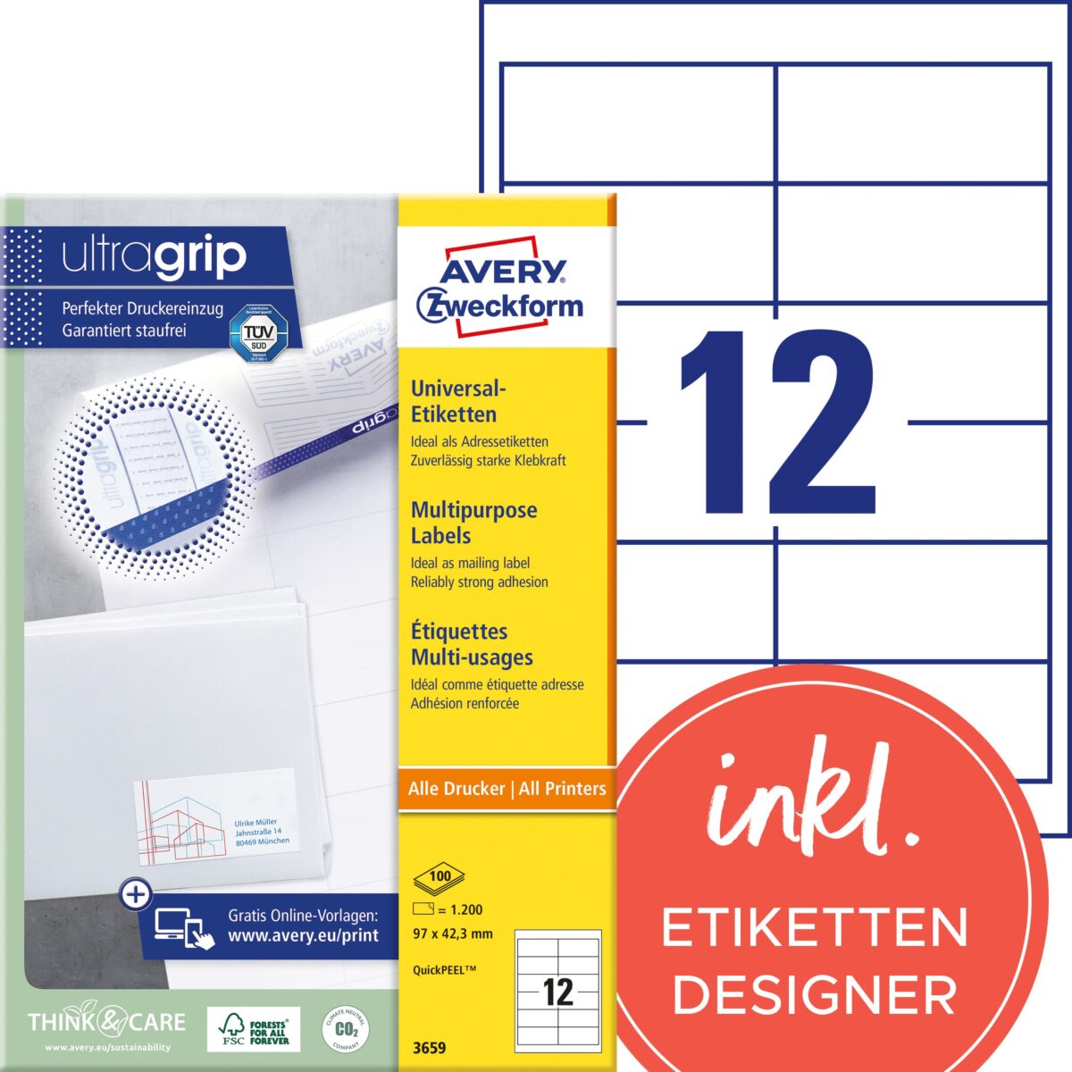 AVERY ZWECKFORM Universal-Etiketten 97x42.3mm 3659 weiss 1200 Stk./100 Blatt – Hochwertig & günstig bei ShopDeca