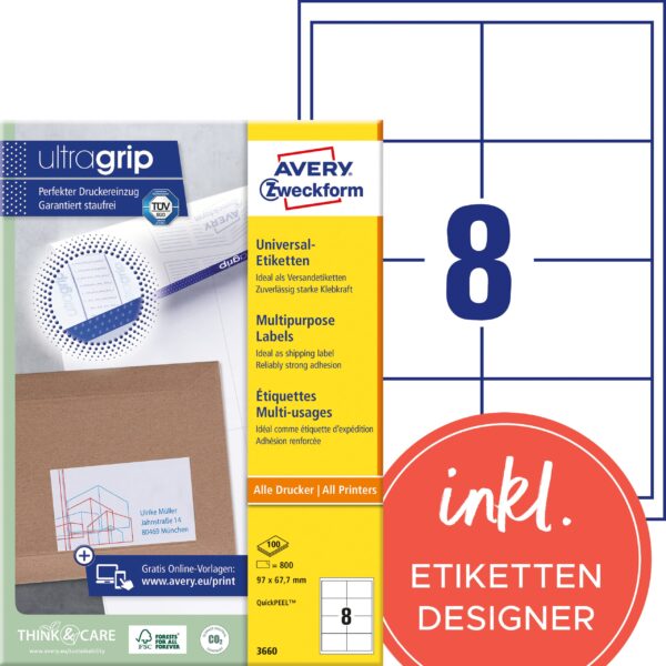 AVERY ZWECKFORM Etiketten 97×67,7mm 3660 weiss 800 Stk./100 Blatt