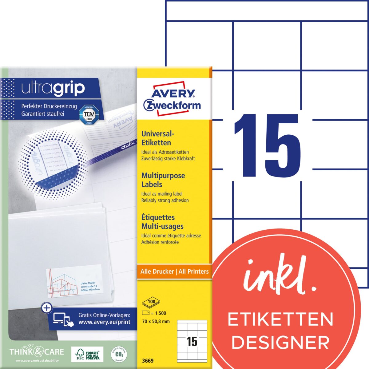 AVERY ZWECKFORM Universal-Etikett. 70x50,8mm 3669 weiss 1500 Stk./100 Blatt – Hochwertig & günstig bei ShopDeca