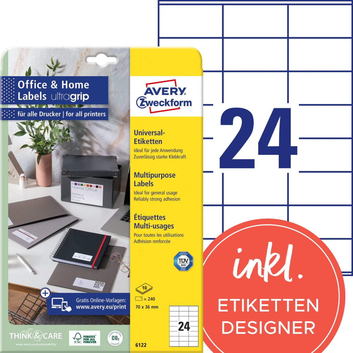 AVERY ZWECKFORM Etiketten 70x36mm 6122Z weiss 240 Stk./10 Blatt – Hochwertig & günstig bei ShopDeca