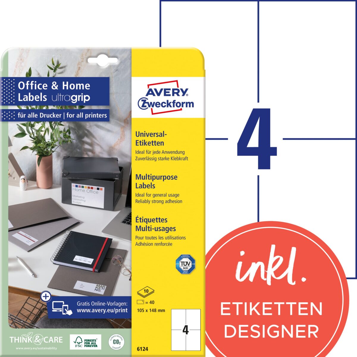 AVERY ZWECKFORM Etiketten 105x148mm 6124 weiss 40 Stk./10 Blatt – Hochwertig & günstig bei ShopDeca