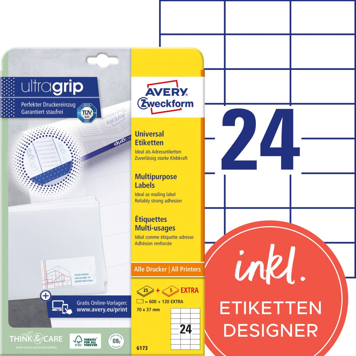 AVERY ZWECKFORM Universaletiketten 70x37mm 6173 weiss 720 Stk./25 + 5 Blatt – Hochwertig & günstig bei ShopDeca