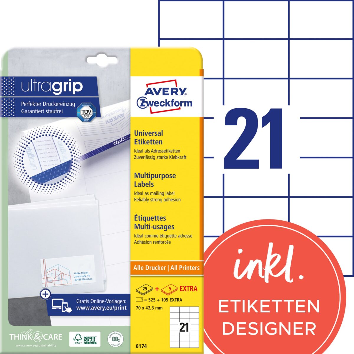 AVERY ZWECKFORM Universaletiketten 70x42,3mm 6174 weiss 630 Stk./25 + 5 Blatt – Hochwertig & günstig bei ShopDeca