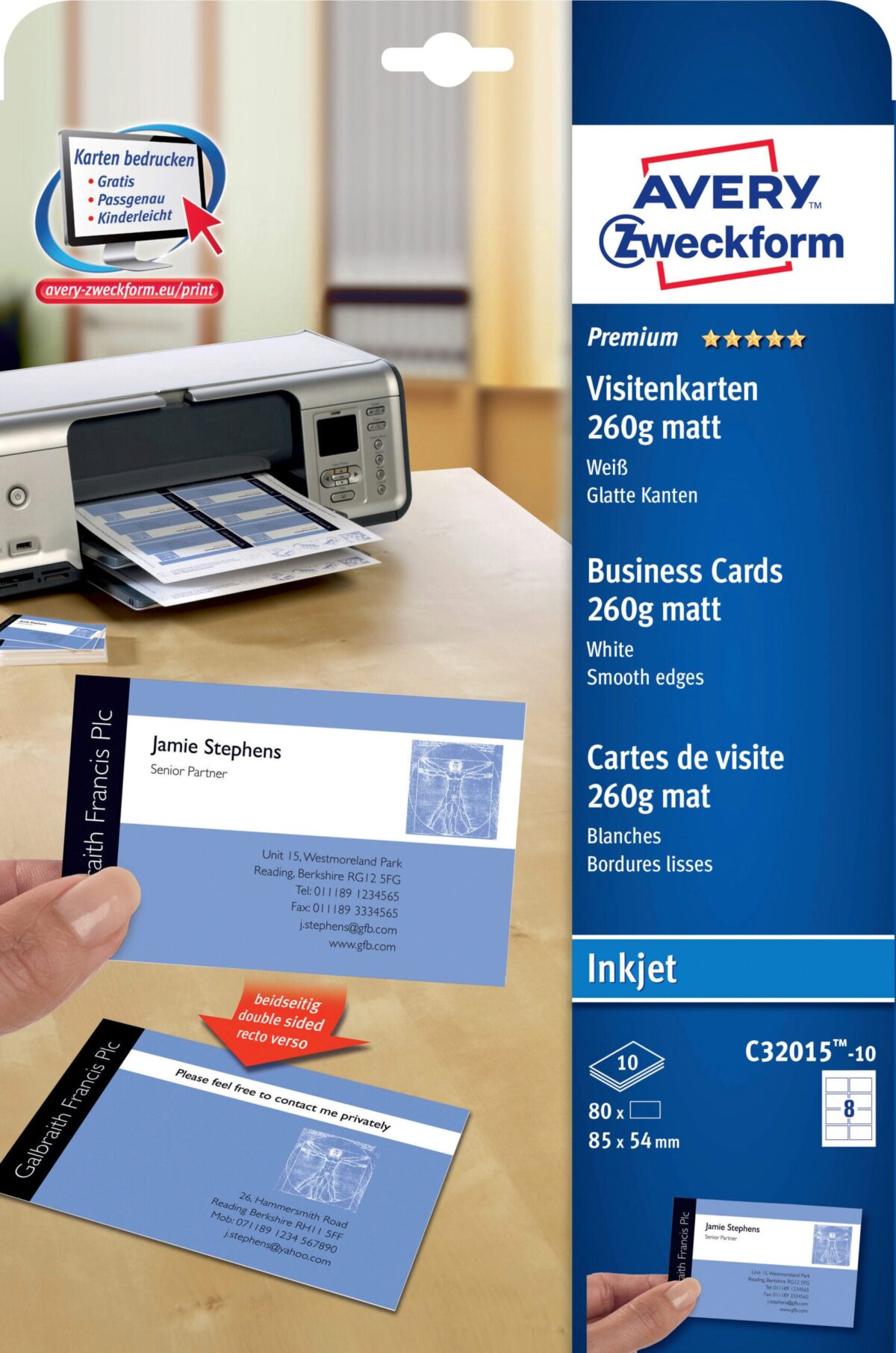 AVERY ZWECKFORM Visitenkarten 85x54mm C32015-10 weiss, matt, 260g/m2 80 Karten – Hochwertig & günstig bei ShopDeca