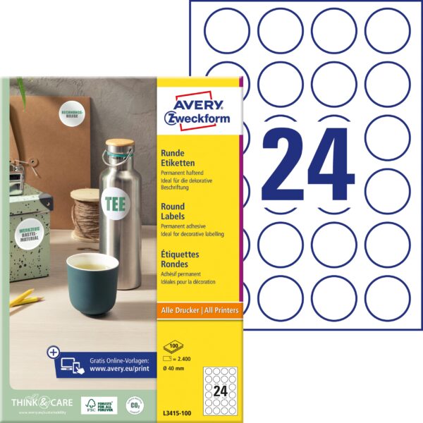 AVERY ZWECKFORM Etiketten 40mm L3415-100 weiss 2400 Stück
