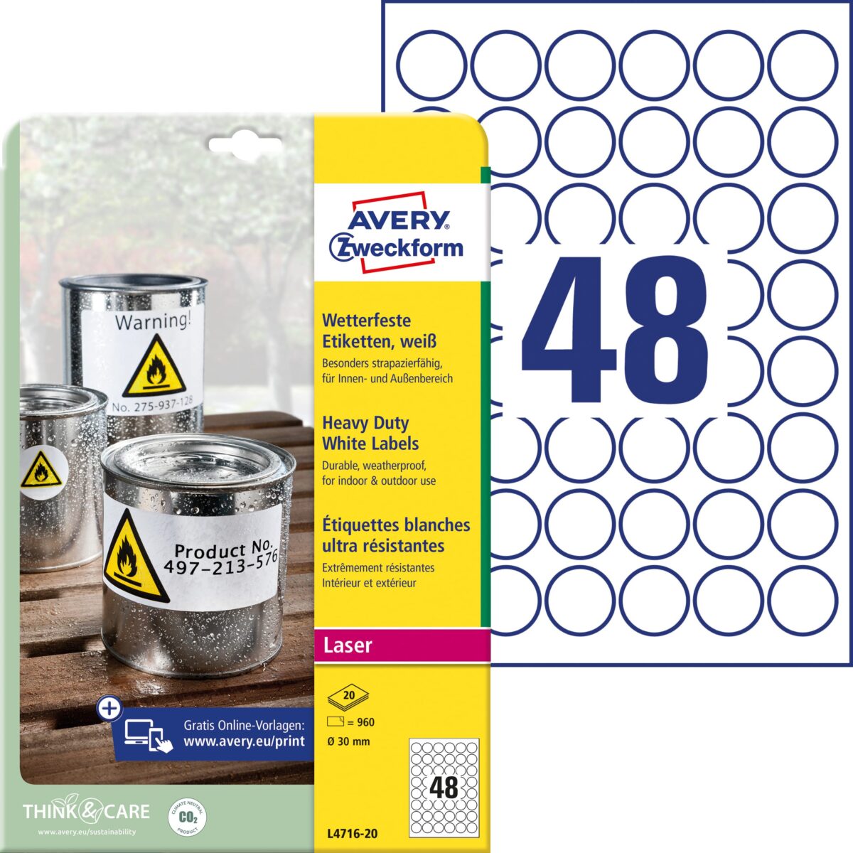 AVERY ZWECKFORM Folienetiketten 30mm L4716-20 weiss, perm. 960 St./20 Bl. – Hochwertig & günstig bei ShopDeca