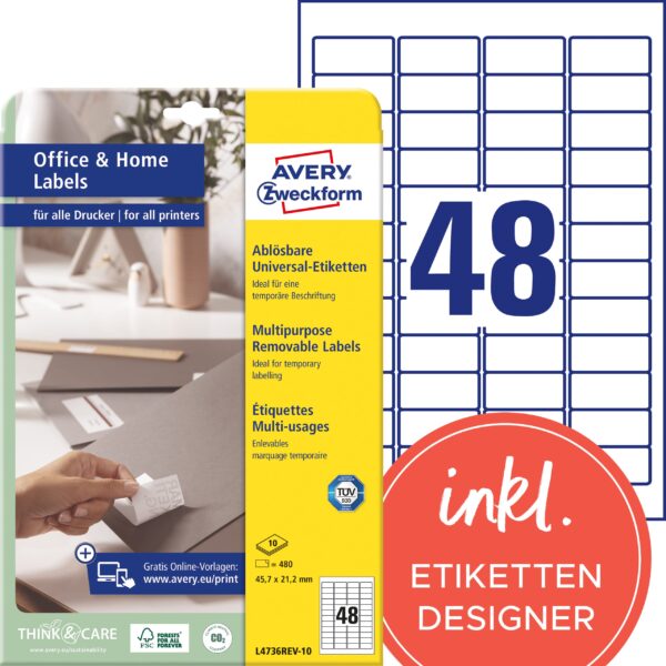 AVERY ZWECKFORM Etiketten 45,7x21,2mm L4736REV1 weiss 480 Stück