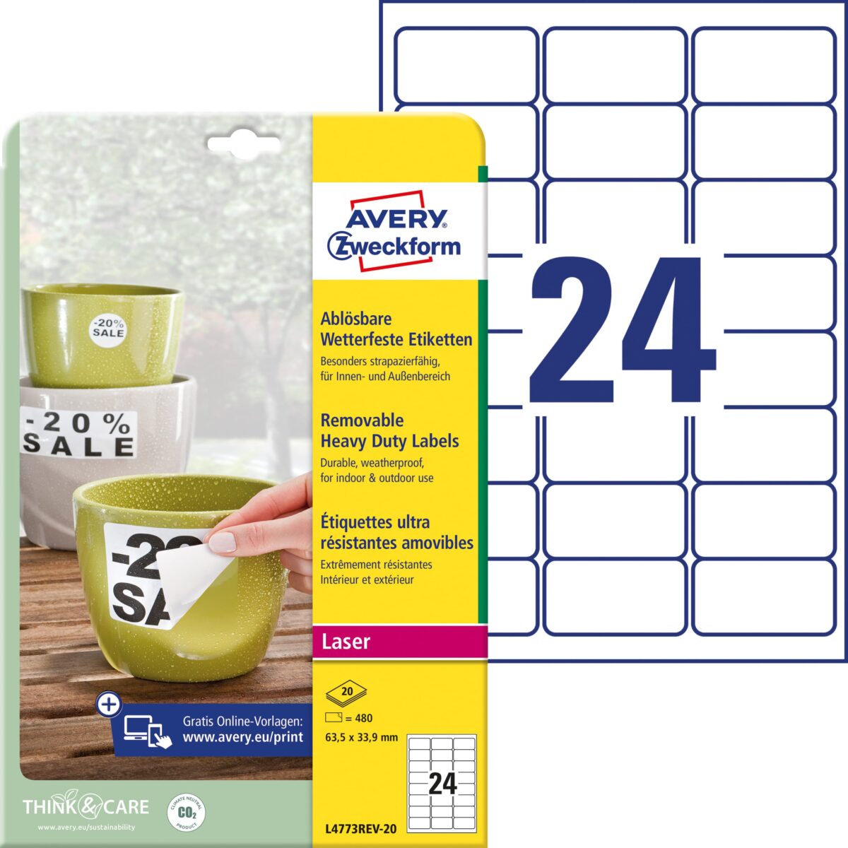 AVERY ZWECKFORM Folienetiketten 63,5x33,9mm L4773REV-20 weiss-non-perm.480 St./20 Bl. – Hochwertig & günstig bei ShopDeca