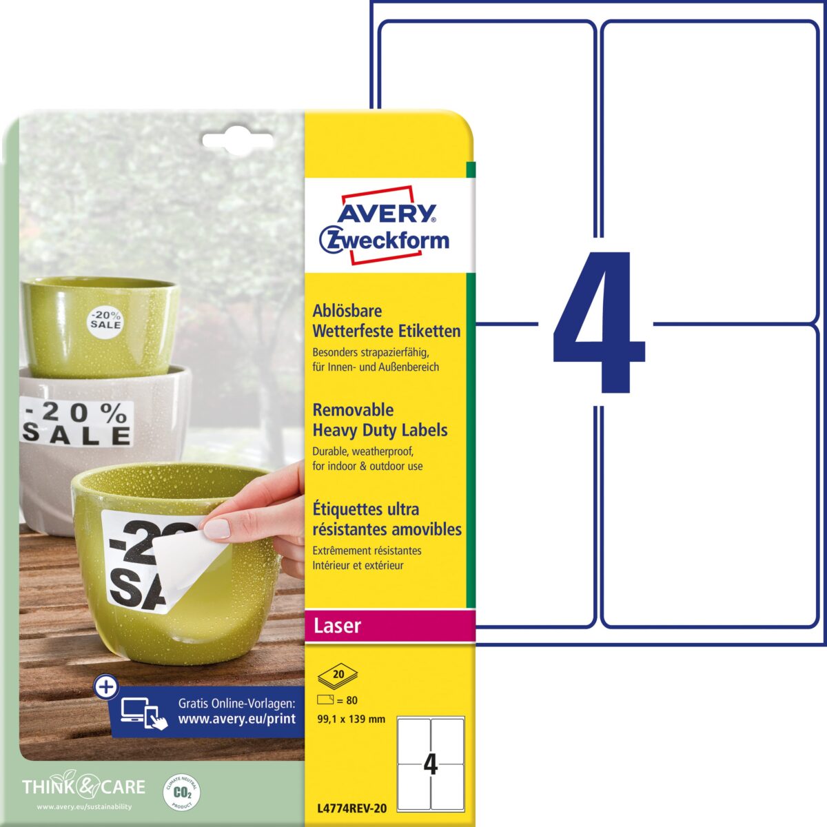 AVERY ZWECKFORM Folienetiketten 99,1x139mm L4774REV2 weiss,non-perm. 80 St. 20 Bl. – Hochwertig & günstig bei ShopDeca
