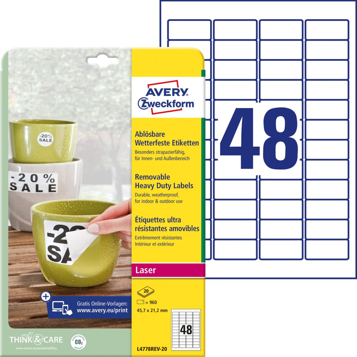 AVERY ZWECKFORM Folienetiketten 45,7x21,2mm L4778REV2 weiss,non-perm. 960 St./20 Bl. – Hochwertig & günstig bei ShopDeca