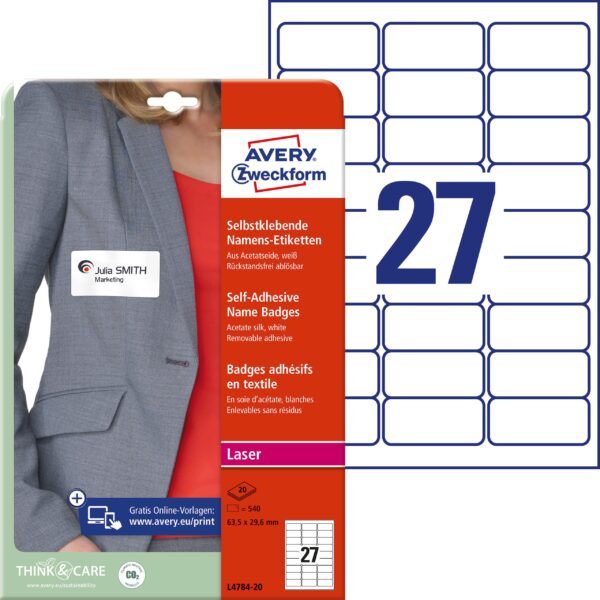 AVERY ZWECKFORM Namensetiketten 63.5x29.6mm L4784-20 Laser, weiss 20Bl./27Stk.