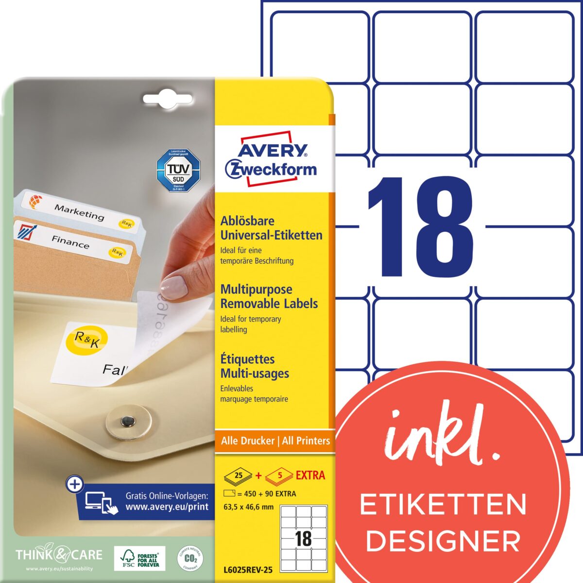 AVERY ZWECKFORM Etiketten 63,5×46,6mm L6025REV2 weiss 540 Stk./25 + 5 Blatt – Hochwertig & günstig bei ShopDeca
