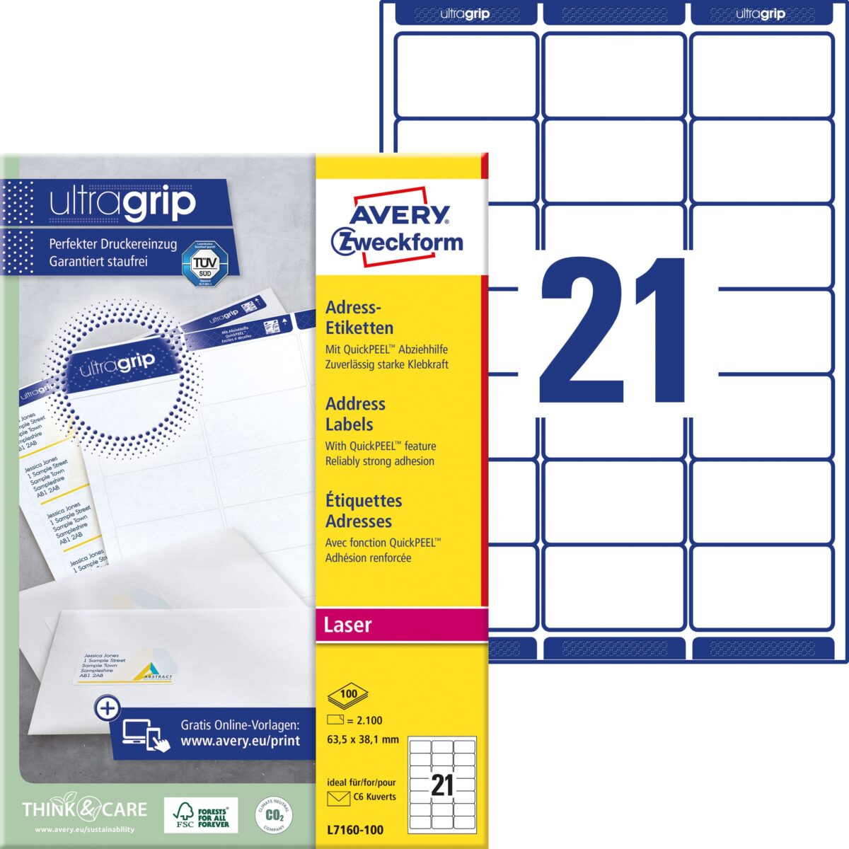 AVERY ZWECKFORM Adressetiketten 63,5x38,1mm L7160-100 weiss 2100 Stk./100 Blatt – Hochwertig & günstig bei ShopDeca