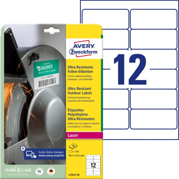 AVERY ZWECKFORM Etiketten 99,1x42,3mm L7913-10 weiss,ultra-resistent 10 Blatt