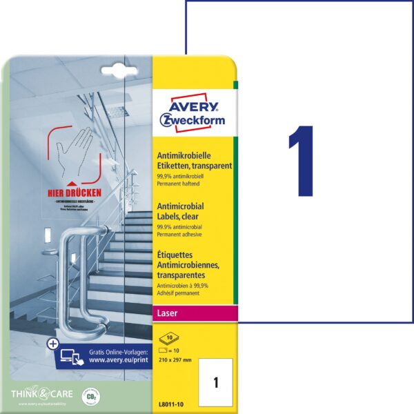 AVERY ZWECKFORM Etiketten L8011-10 Antimic. 210x297mm transp.