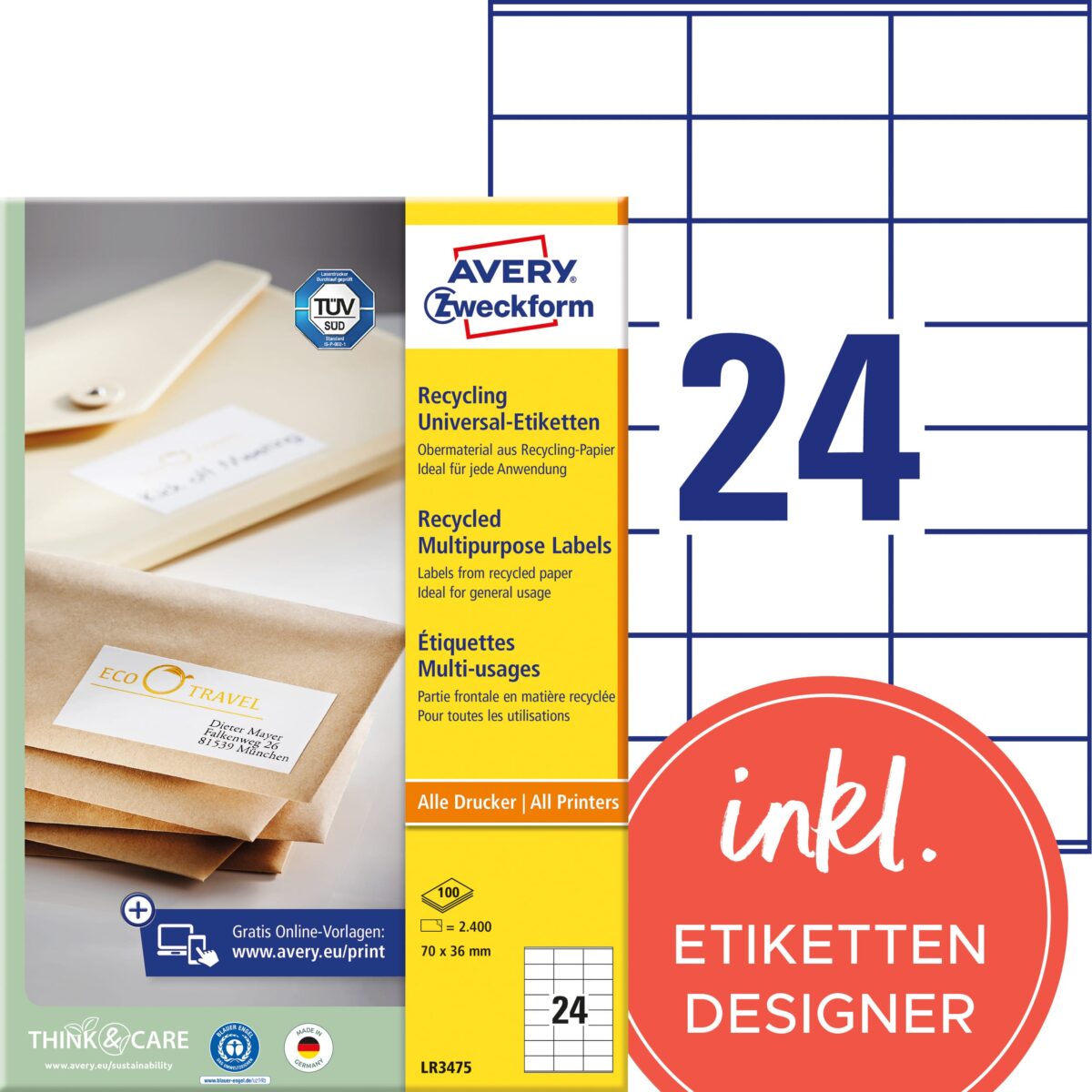 AVERY ZWECKFORM Etiketten 70x36mm LR3475 recycling 2400 Stück – Hochwertig & günstig bei ShopDeca