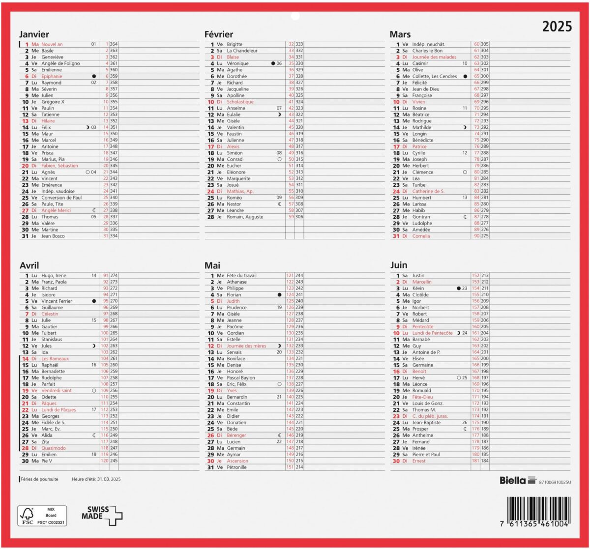 BIELLA Wandkalender 2025 871006910025 6M/1S rot/weiss FR 32x29.7cm – Hochwertig & günstig bei ShopDeca