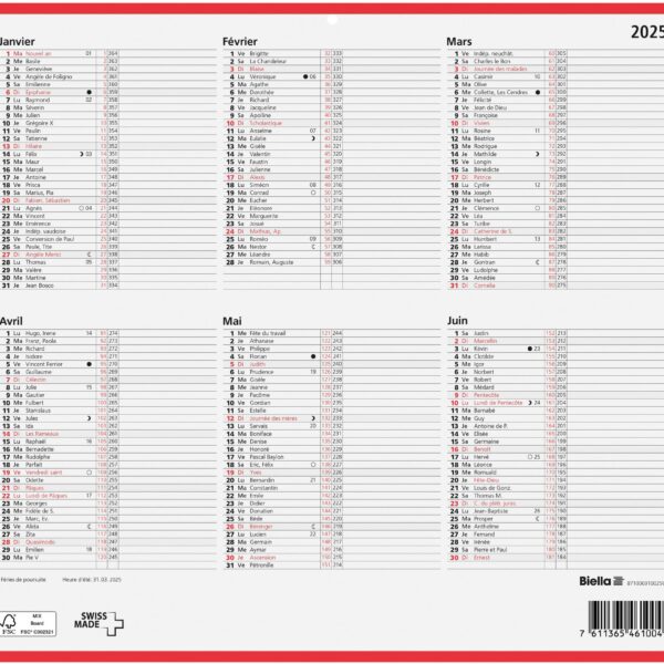 BIELLA Wandkalender 2025 871006900025 6M/1S rot/weiss DE 32x29.7cm