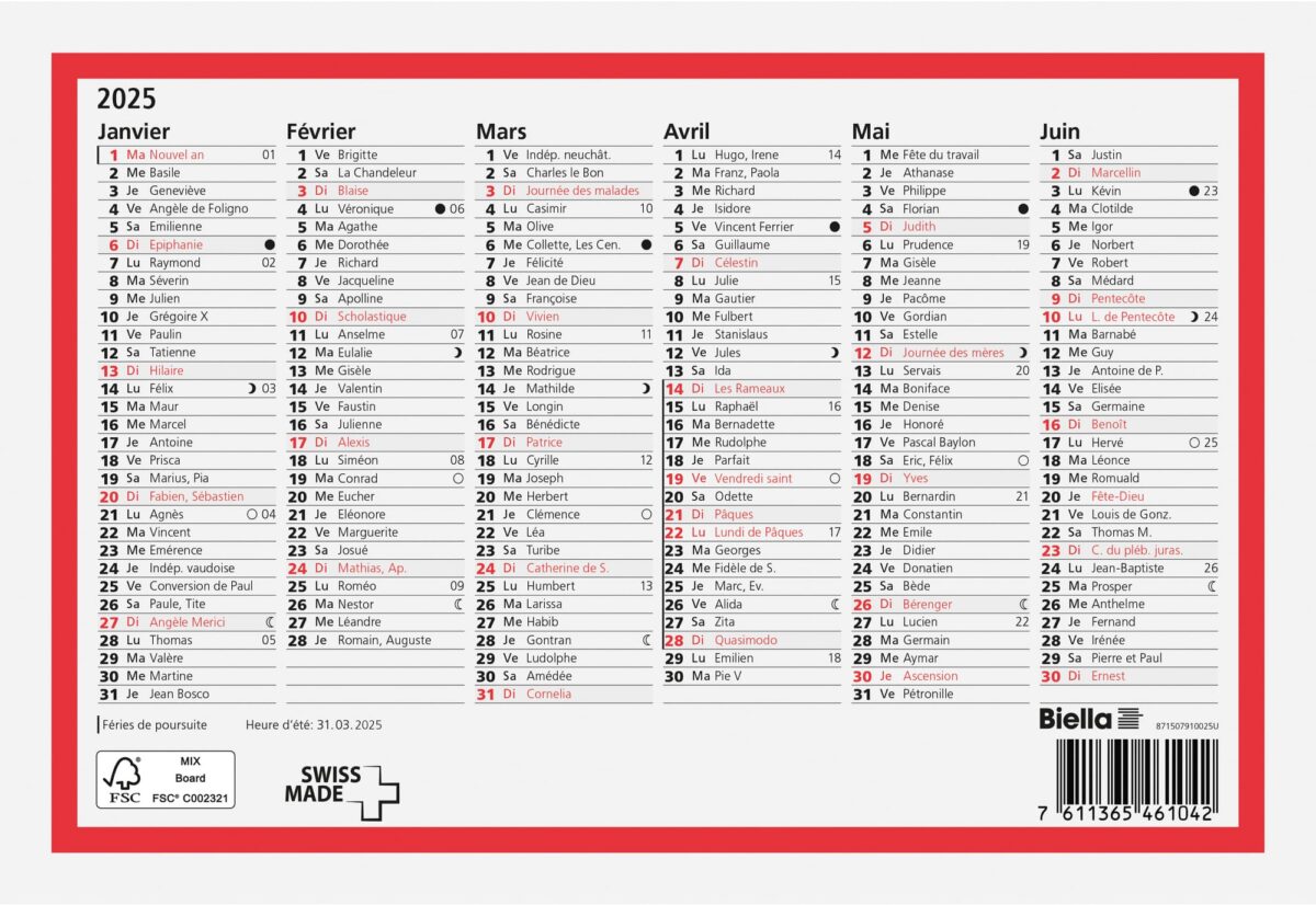 BIELLA Wandkalender 2025 871507910025 6M/1S rot/weiss FR 23.5x15.5cm – Hochwertig & günstig bei ShopDeca