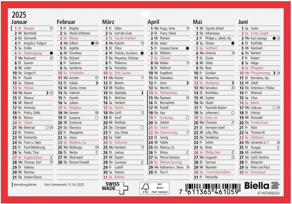BIELLA Wandkalender 2025 871607000025 6M/1S rot/weiss DE 16.5x11.5cm – Hochwertig & günstig bei ShopDeca