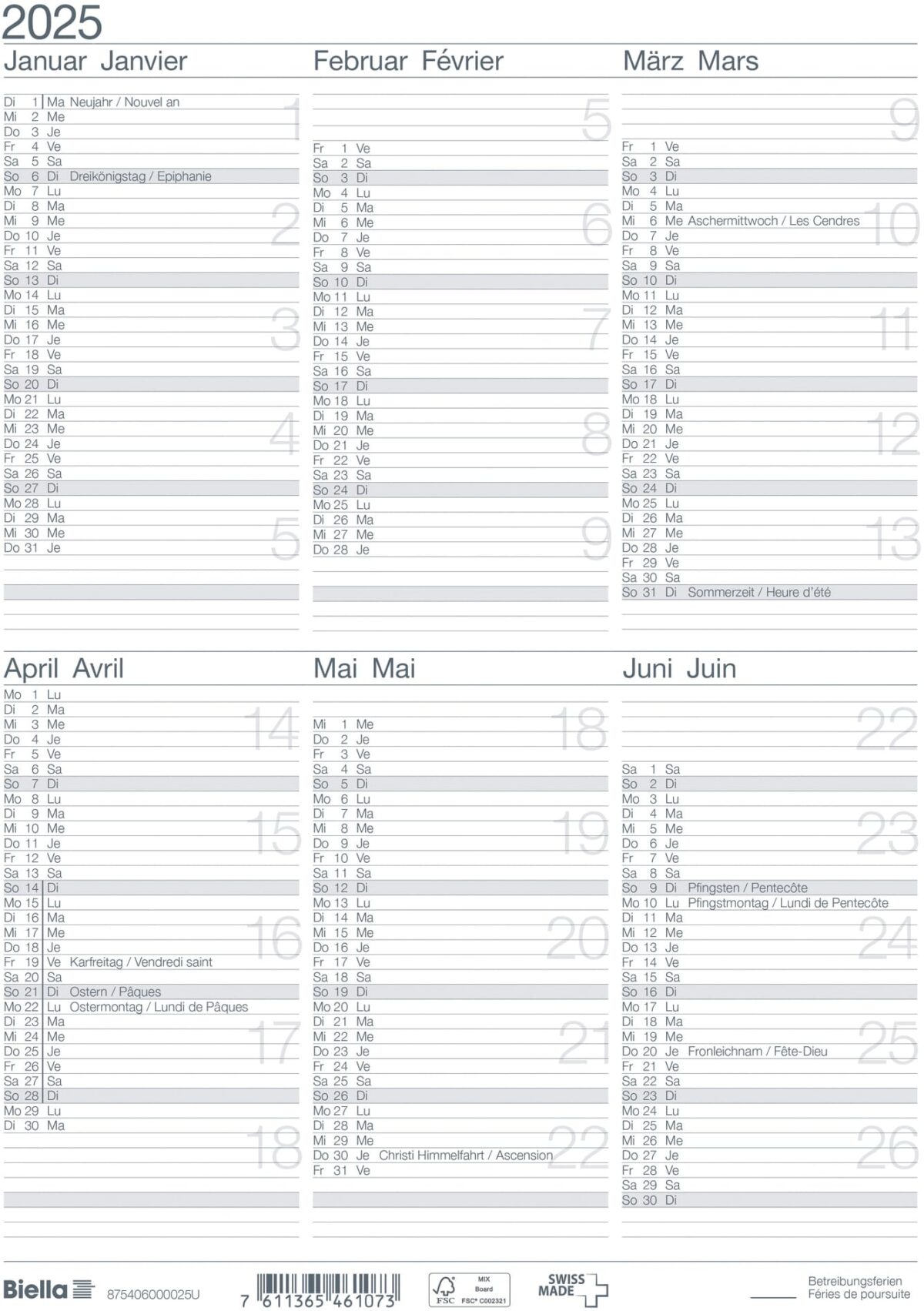 BIELLA Wandkalender 2025 875406000025 6M/1S weiss DE/FR 21x29.7cm – Hochwertig & günstig bei ShopDeca