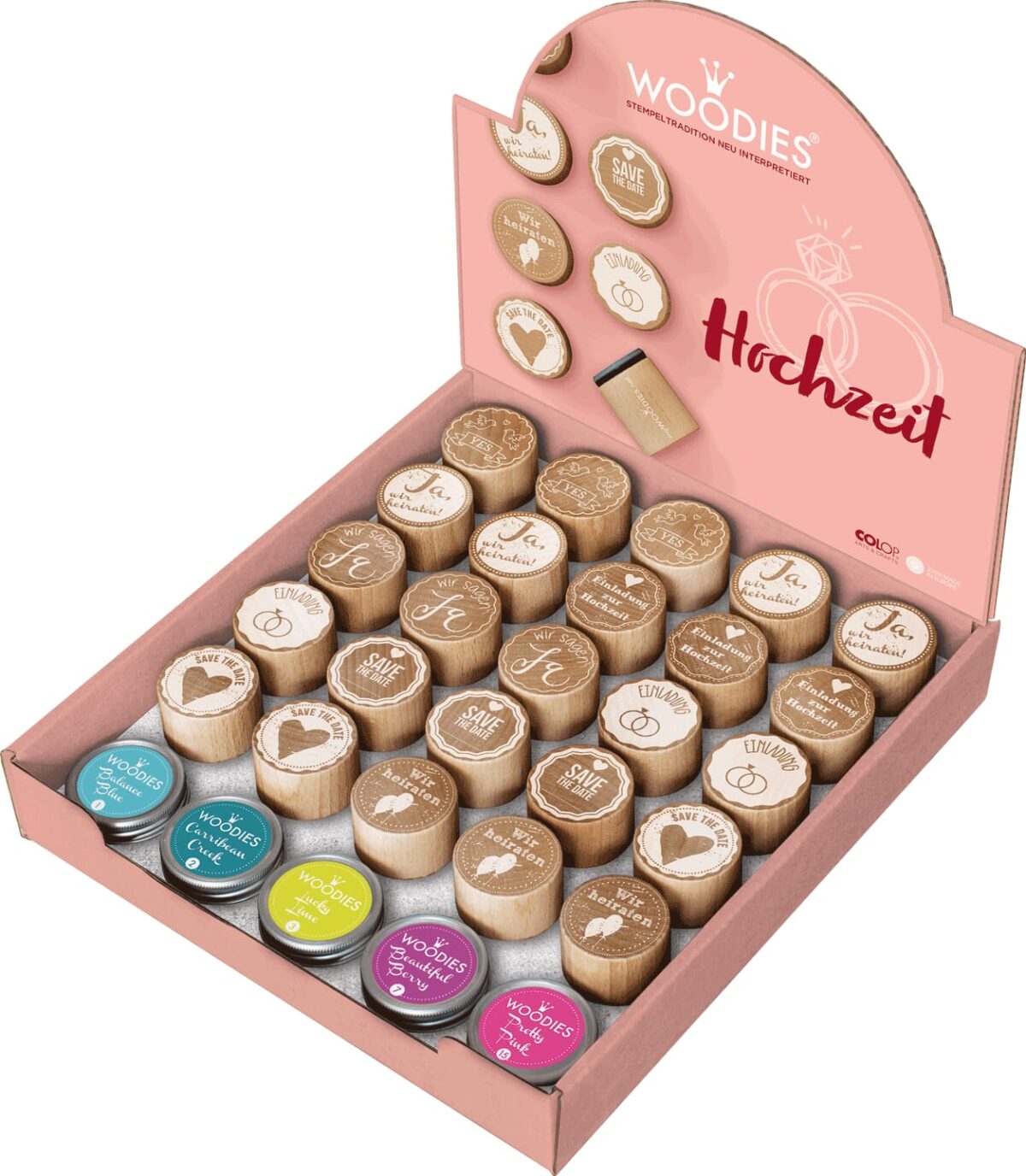 COLOP Woodies Display Hochzeit 151332 25 Stempel, 5 Kissen – Hochwertig & günstig bei ShopDeca