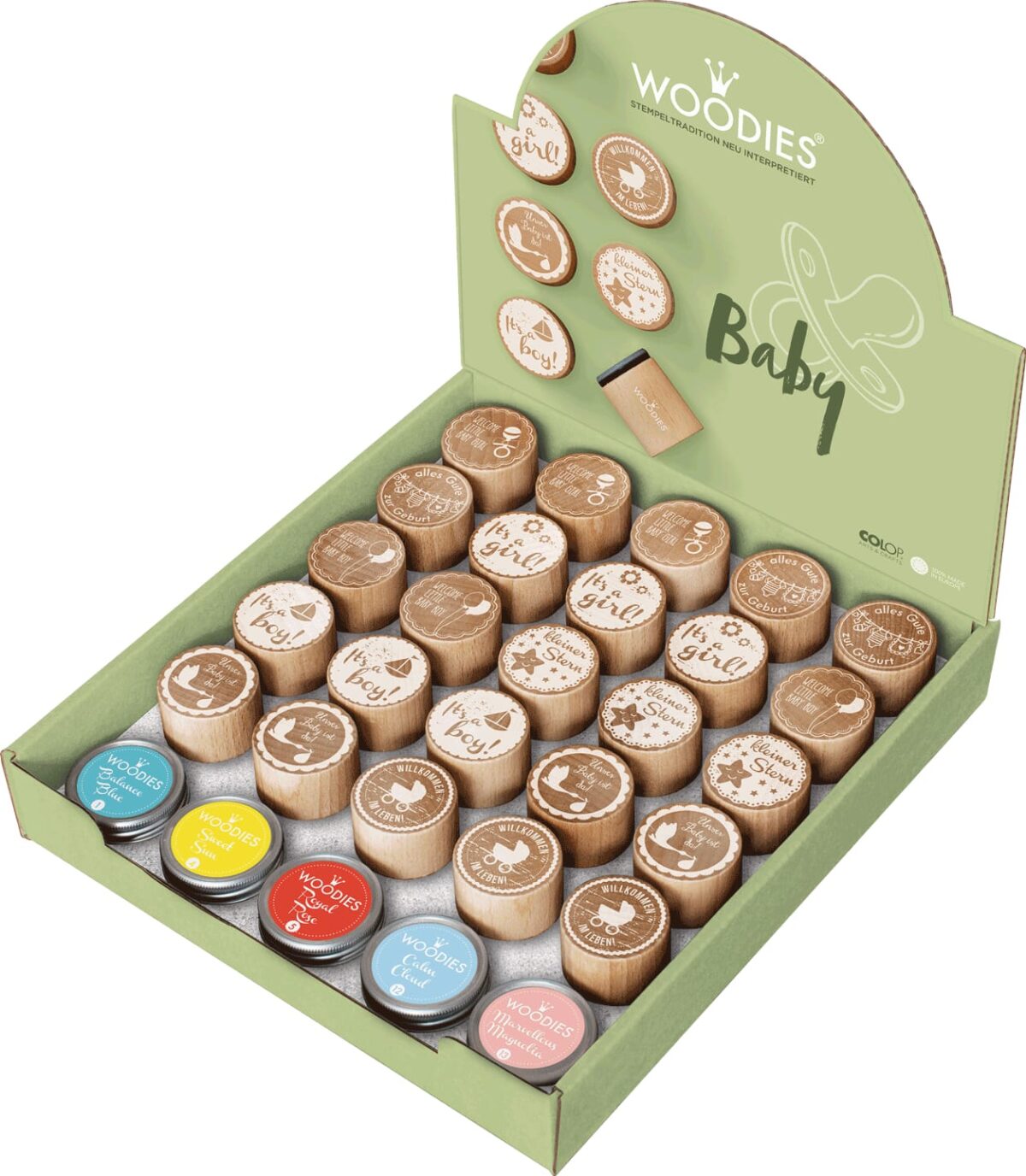 COLOP Woodies Display Baby 151335 25 Stempel, 5 Kissen – Hochwertig & günstig bei ShopDeca