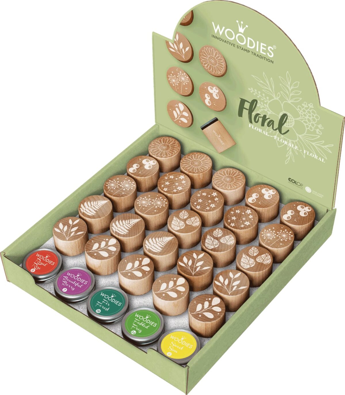 COLOP Woodies Display Floral 165670 25 Stempel, 5 Kissen – Hochwertig & günstig bei ShopDeca