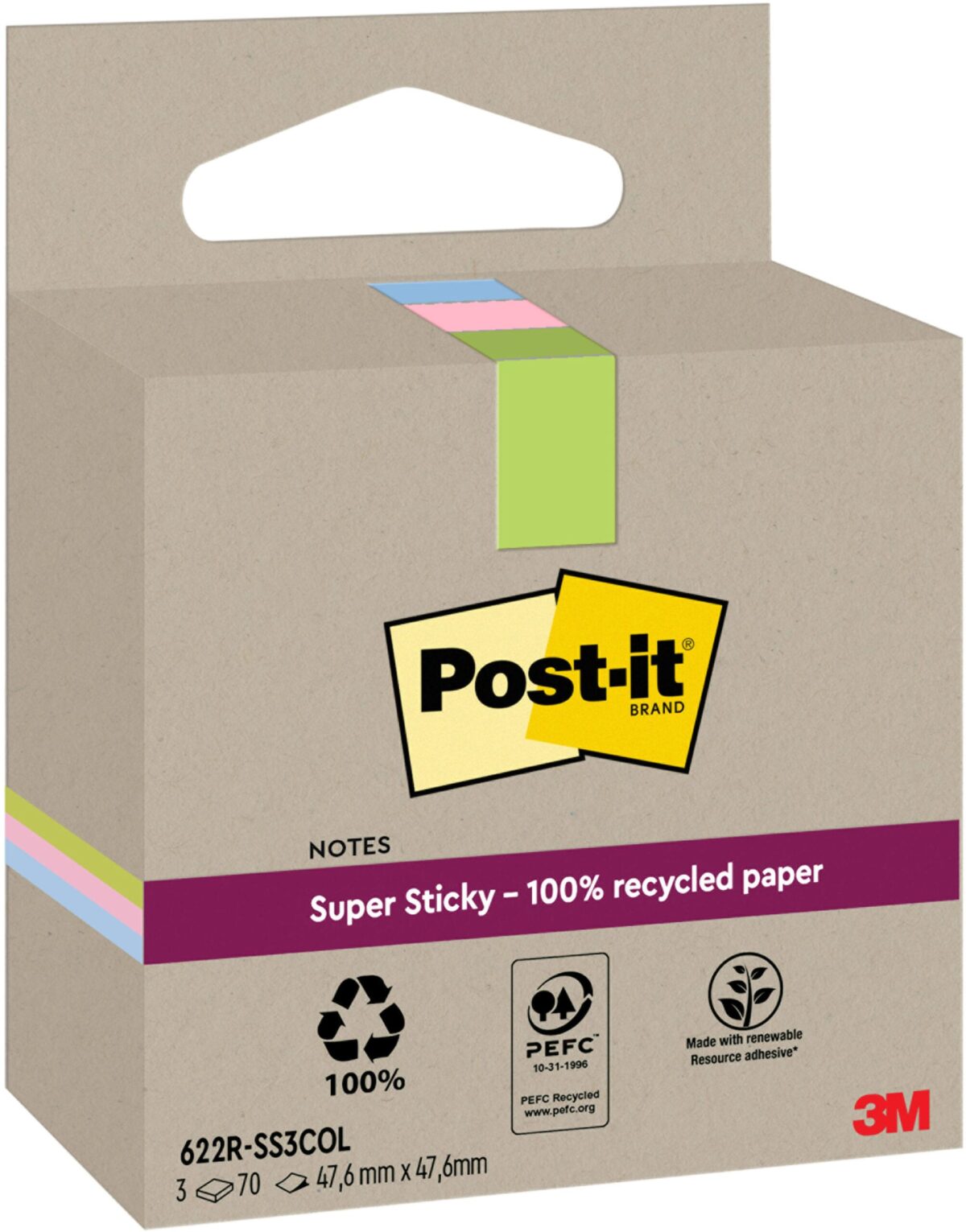 POST-IT SuperSticky Notes 47.6x47.6mm 622 RSS3COL Recycling,assort. 3x70 Blatt – Hochwertig & günstig bei ShopDeca